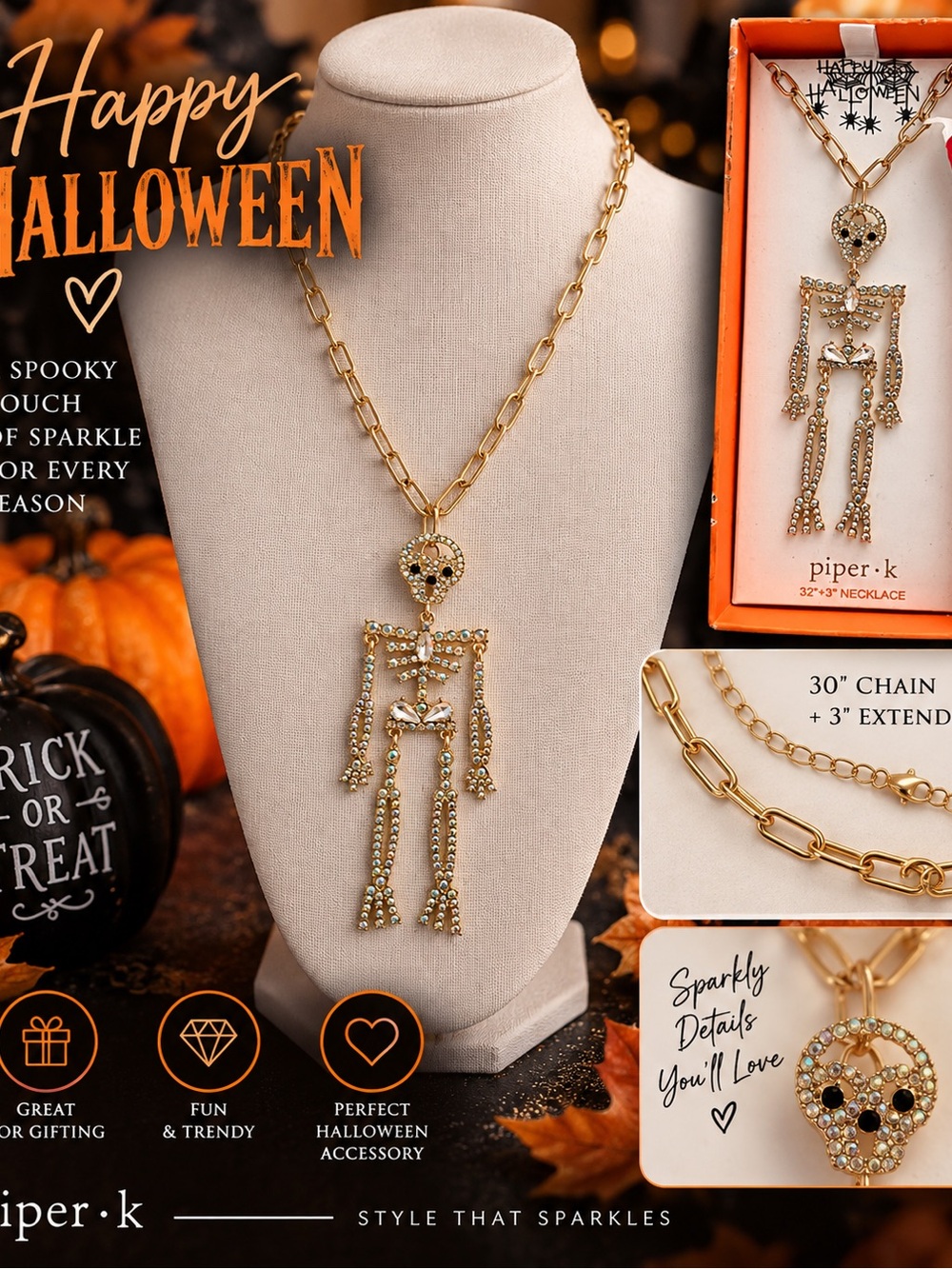 Piper Gold Crystal Skeleton Pendant Necklace